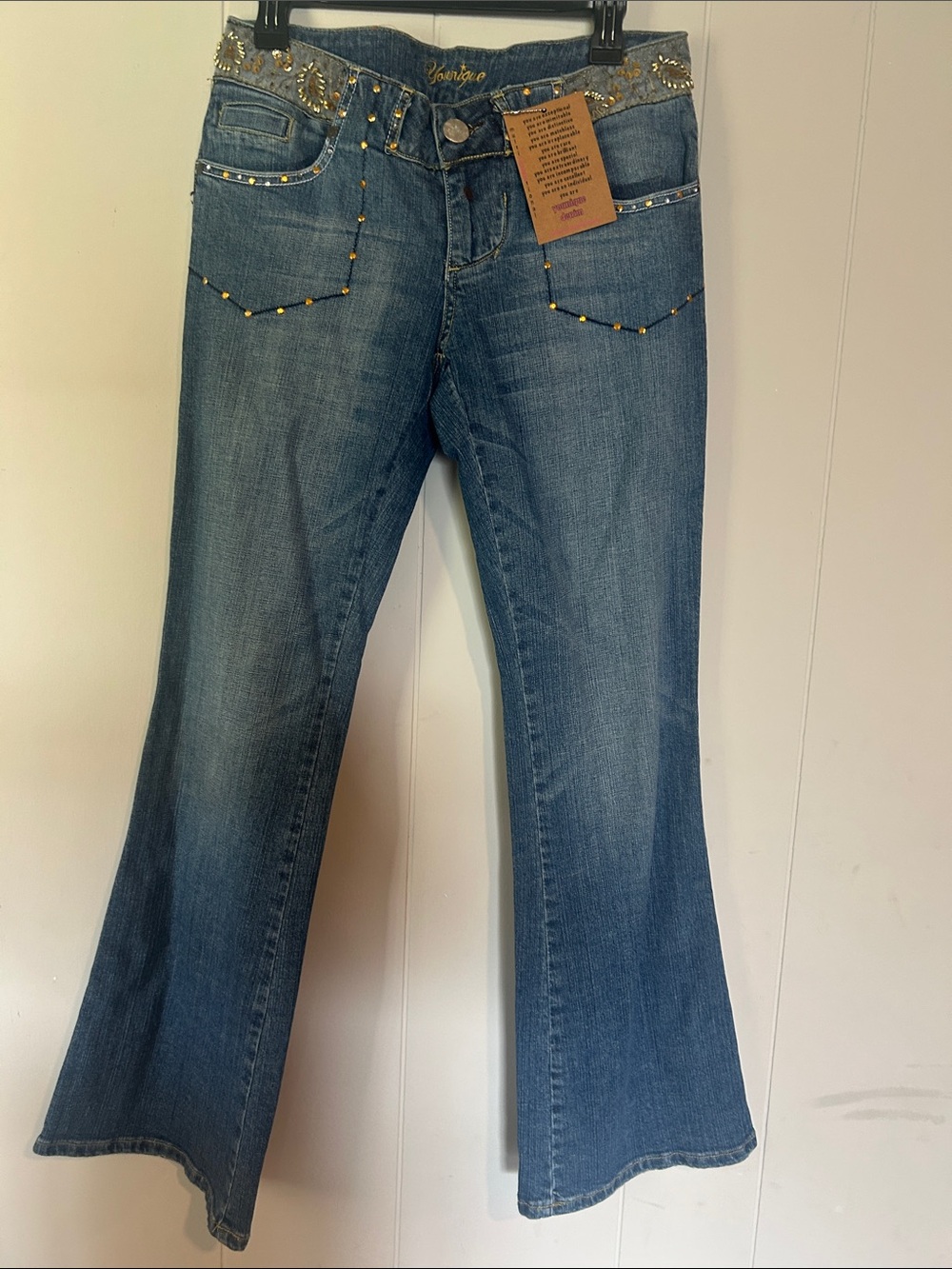 Y2K Younique Medium Blue Flare Jeans with Gold Stud Accents